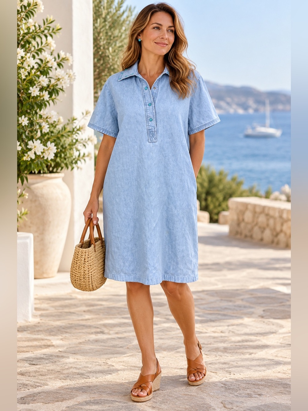 Light Wash Denim Polo Dress - Light Blue